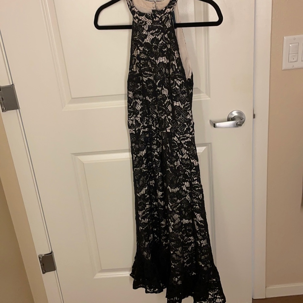 Black lace and nude halter midi dress 2